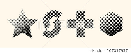 Halftone geometric shapes set. Dotted cross, star, hexagon and arcs elements with gradient. Black textured objects for banner, poster, collage, flyer, booklet, brochure, cover. Vector collection 107017937