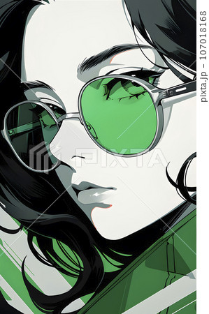 サングラスをかけた女性のアニメイラスト（AI生成画像）のイラスト素材