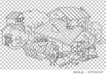 空き家問題・老朽化して様々な社会問題を起こす住宅のイラスト(線画) 空き家問題・老朽化して様々な社会問題を起こす住宅のイラスト(線画) 107018187