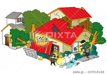 空き家問題・老朽化して様々な社会問題を起こす住宅のイラスト 空き家問題・老朽化して様々な社会問題を起こす住宅のイラスト 107018188