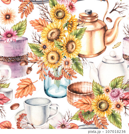 Watercolor autumn pattern. Hand drawn autumn plants, dishes 107018236