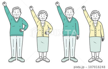 ガッツポーズをする高齢者小太り男女 片手 107018248