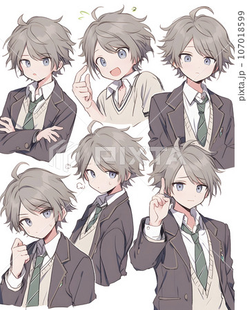 男子高校生のキャラクターシート　デフォルメイラスト（AI生成画像） 107018599