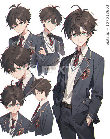 男子高校生のキャラクターシート　デフォルメイラスト（AI生成画像） 107018603