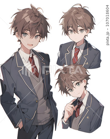 男子高校生のキャラクターシート　デフォルメイラスト（AI生成画像） 107018604