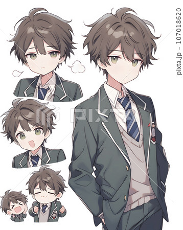 男子高校生のキャラクターシート　デフォルメイラスト（AI生成画像） 107018620