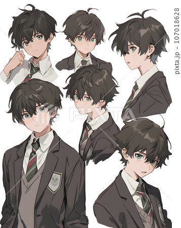 男子高校生のキャラクターシート　デフォルメイラスト（AI生成画像） 107018628