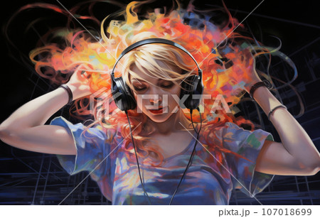 ヘッドフォンをする金髪の女性と電子的背景　AI生成画像 107018699