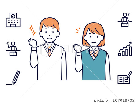 充実した学生生活を送る男子生徒と女子生徒＿上半身＿アイコンセット 107018705