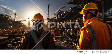Construction worker wearing safety harness and safety line working Construction worker wearing safety harness and safety line working 107018807