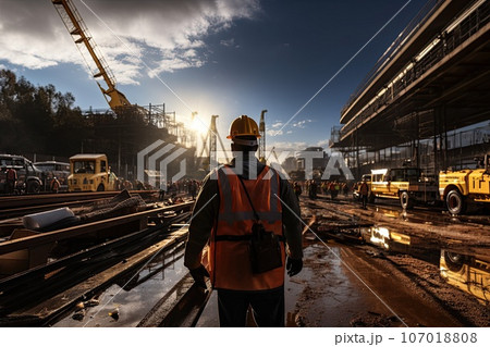 Construction worker wearing safety harness and safety line working 107018808