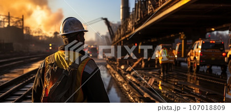 Construction worker wearing safety harness and safety line working Construction worker wearing safety harness and safety line working 107018809