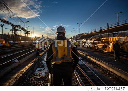Construction worker wearing safety harness and safety line working Construction worker wearing safety harness and safety line working 107018827
