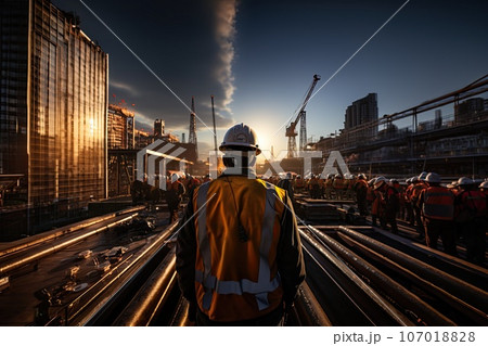 Construction worker wearing safety harness and safety line working Construction worker wearing safety harness and safety line working 107018828