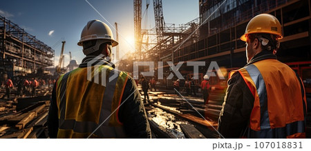Construction worker wearing safety harness and safety line working Construction worker wearing safety harness and safety line working 107018831