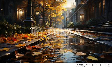 秋 枯れ葉 歩道 油絵風 Autumn leaves Wallpaperのイラスト素材