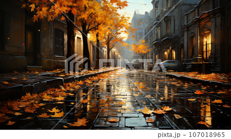 秋 枯れ葉 哀愁 道路 油絵風 Autumn leaves Wallpaperのイラスト素材