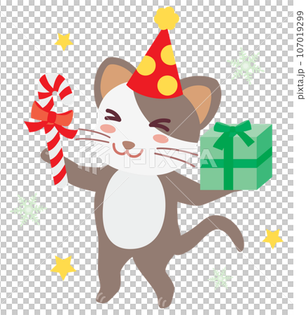 A cat is having fun receiving a present at Christmas 107019299