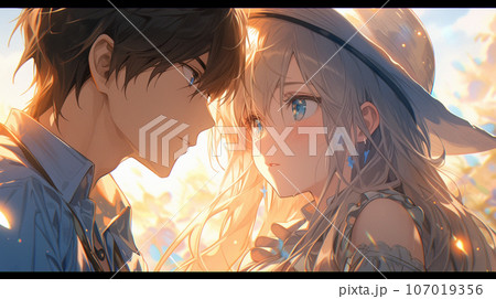 一面の花畑に囲まれながら見つめあう少年と少女 107019356