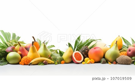 An arrangement of tropical fruits mangoes, papayas, and coconuts evoking a sense of paradise. 107019509