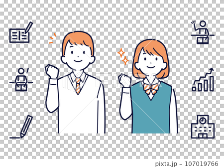 充実した学生生活を送る男子生徒と女子生徒＿上向き＿アイコンセット 107019766