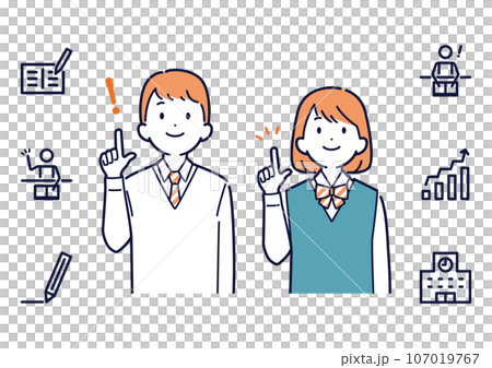 Icon set of male and female students pointing and flashing _upward_ 107019767