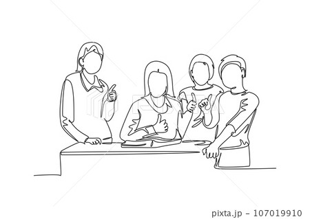 Single one line drawing young happy female elementary school teacher surrounded by her boys and girls student at class. Study education concept. Continuous line draw design graphic vector illustration 107019910