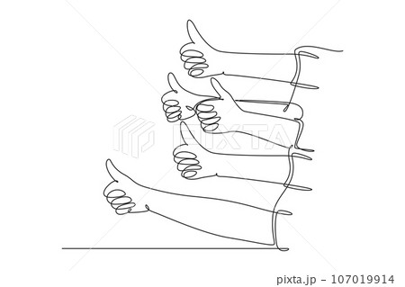 Single one line drawing happy people arm hands with thumbs up gesture. Good service excellence in business and industry sector concept. Modern continuous line draw design graphic vector illustration 107019914