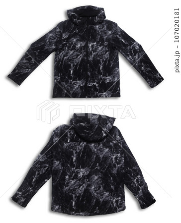 Blank template realistic coach jacket with ziper front and back isolated on white background With clipping path. Tracksuit top winter sportswear jacket design. Mockup winter sport jacket suit template 107020181