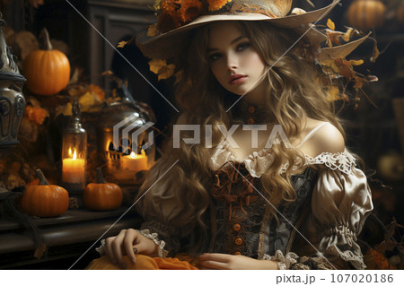 ハロウィンの魔女の衣装を着た女の子のイラスト「AI生成画像」 107020186