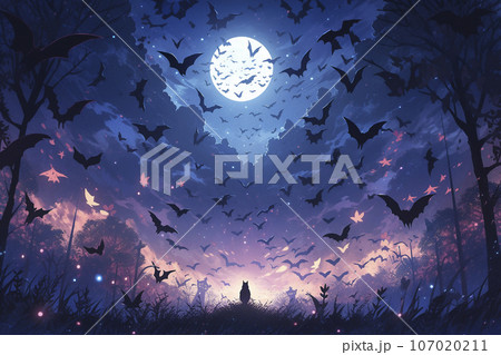 コウモリが飛ぶ夜空のハロウィンの風景「AI生成画像」 107020211