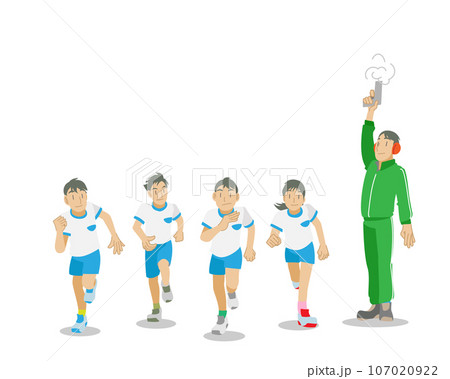 リレーでスタートする子供たちと先生 107020922