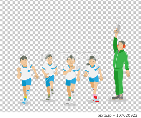 リレーでスタートする子供たちと先生 107020922