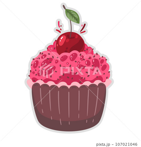 Creamy cup cake with cherry. Hand drawing sketch. 107021046