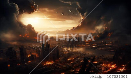 火事で燃える都市・エイリアンに侵略された都市・戦争・地球滅亡 107021301
