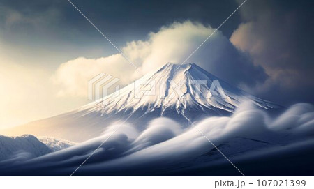 富士山と雲、空と高い山の日本的な自然風景 AI生成画像のイラスト素材