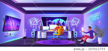 Game and stream room interior with two players. 107021755