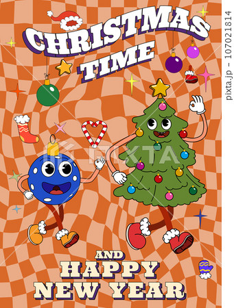 Groovy hippie Christmas poster. Christmas Tree and Blue Ball in trendy retro cartoon style 107021814