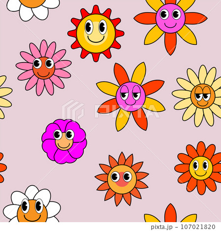 Groovy hippie flower seamless pattern. Colorful flowers trendy background retro trippy 70s style 107021820