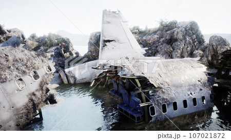 Deteriorating airplane on rocky island edge Deteriorating airplane on rocky island edge 107021872