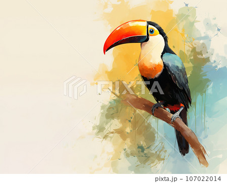 Beautiful drawing of a toucan bird perched on a branch. Birds. Wildlife Animals. Illustration, Generative AI. 107022014