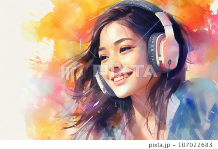 ヘッドフォンで音楽を聴く女性の横顔 AI生成画像 ヘッドフォンで音楽を聴く女性の横顔 AI生成画像 107022683