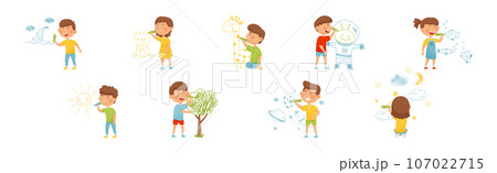 Children Drawing on Wall with Colorful Crayons Vector Illustration Set Children Drawing on Wall with Colorful Crayons Vector Illustration Set 107022715