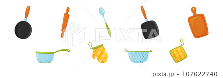 Kitchen Tools with Rolling Pin, Pot, Frying Pan, Cutting Board and Oven Mit Vector Set 107022740
