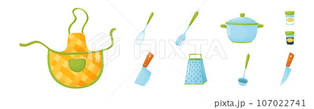 Kitchen Tools with Apron, Whisk, Pot, Grater, Knife and Ladle Vector Set 107022741