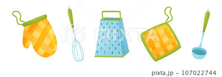 Kitchen Tools with Glove, Whisk, Ladle and Grater Vector Set 107022744