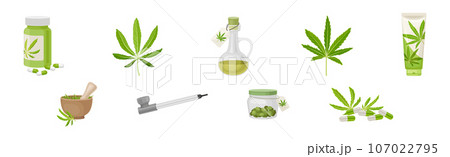 Cannabis Plant Green Leaf and Marijuana Product Vector Set 107022795