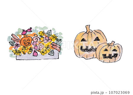 水性ペンと透明水彩絵の具で描いたハロウィンアレンジとジャックオランタンのイラストセット 107023069