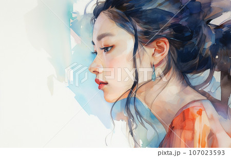 遠くを見つめる女性の水彩画　AI生成画像 107023593
