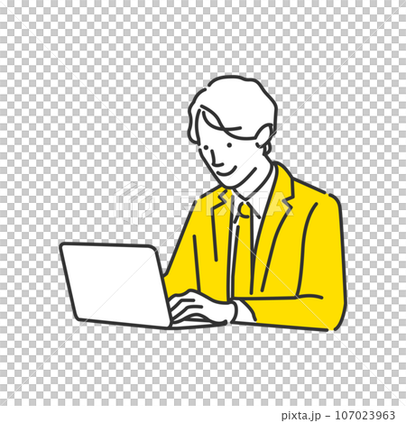 パソコン画面に向かって資料作成をするビジネスパーソンのイラスト 107023963